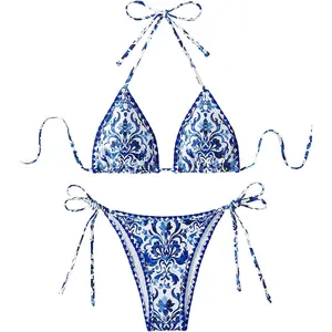 Women's 2 Piece Boho Swimsuits Floral Print Halter String Triangle Bikini Set Beach Bathing Suit