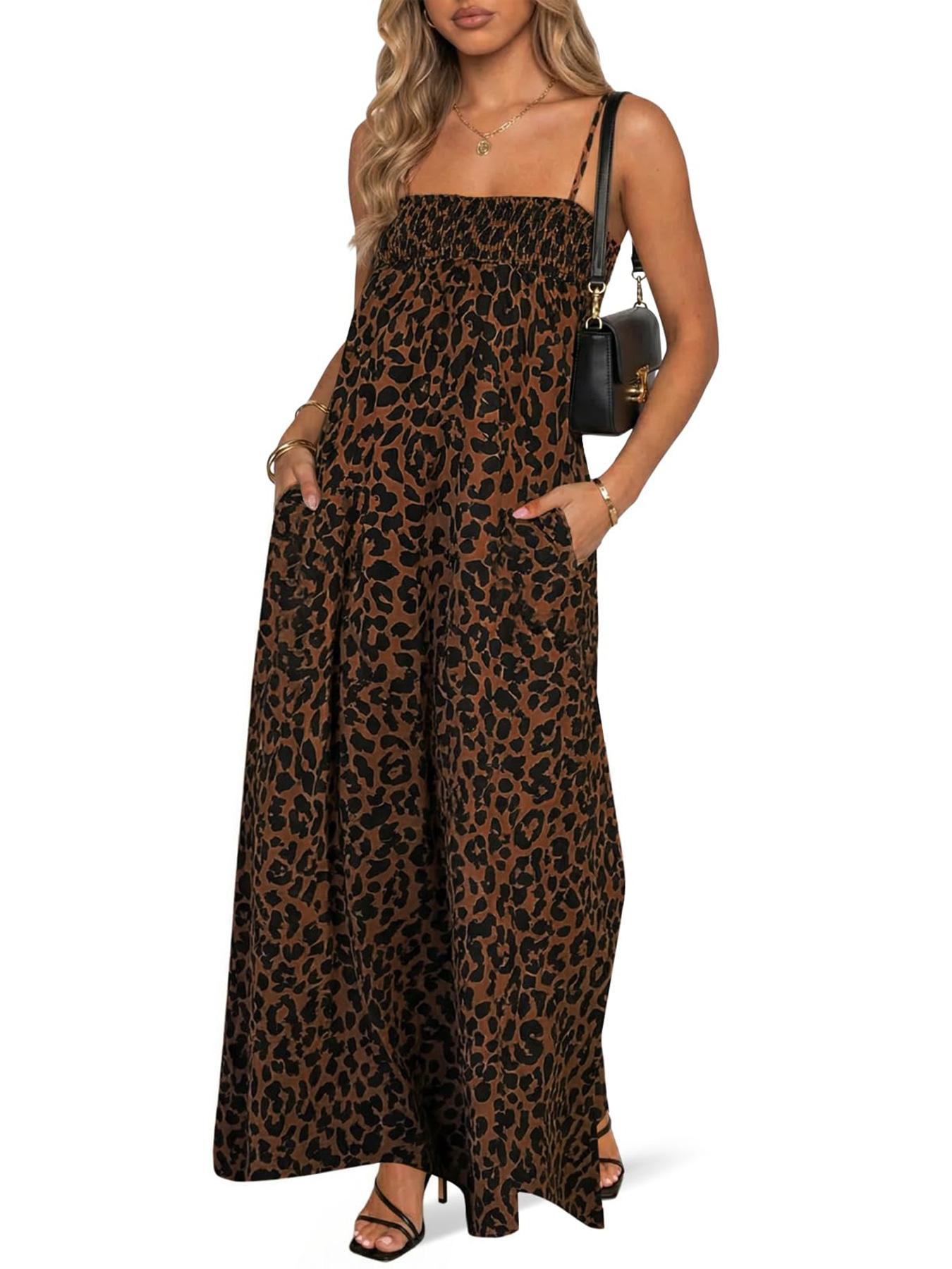 Wodubu Women's Casual Polka Dot Maxi Dress - Lady's Fashionable, Comfortable Spaghetti Strap Smocked Loose Beach Vacation Dress with Pockets