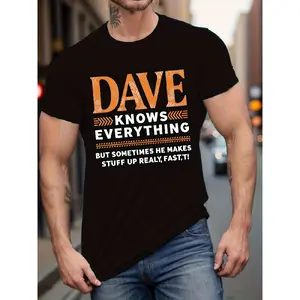 Unisex "Dave Knows Everything" Slogan T-Shirt |   180g Retro Street Style Gym Shirt, White and Orange Two-Color Print, Soft Crew Neck Casual Top, Suitable for Young People, All Seasons, Plus Size