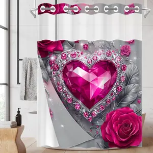 1PC/4PCS 2D Flat Printing Magenta Diamond Heart with Silver Leaves and Roses Patterned shower curtain, home bathroom decor, shower curtain set with 12 hooks, non-slip bathroom rug, U-shaped toilet seat cover, toilet seat mat.