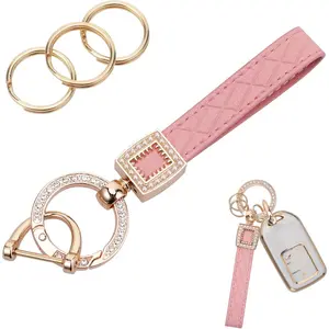 Microfiber Leather Car Keychain, Bling Leather Car Keychain with Sparkly Rhinestones Anti Lost D Ring Fob Key Chain