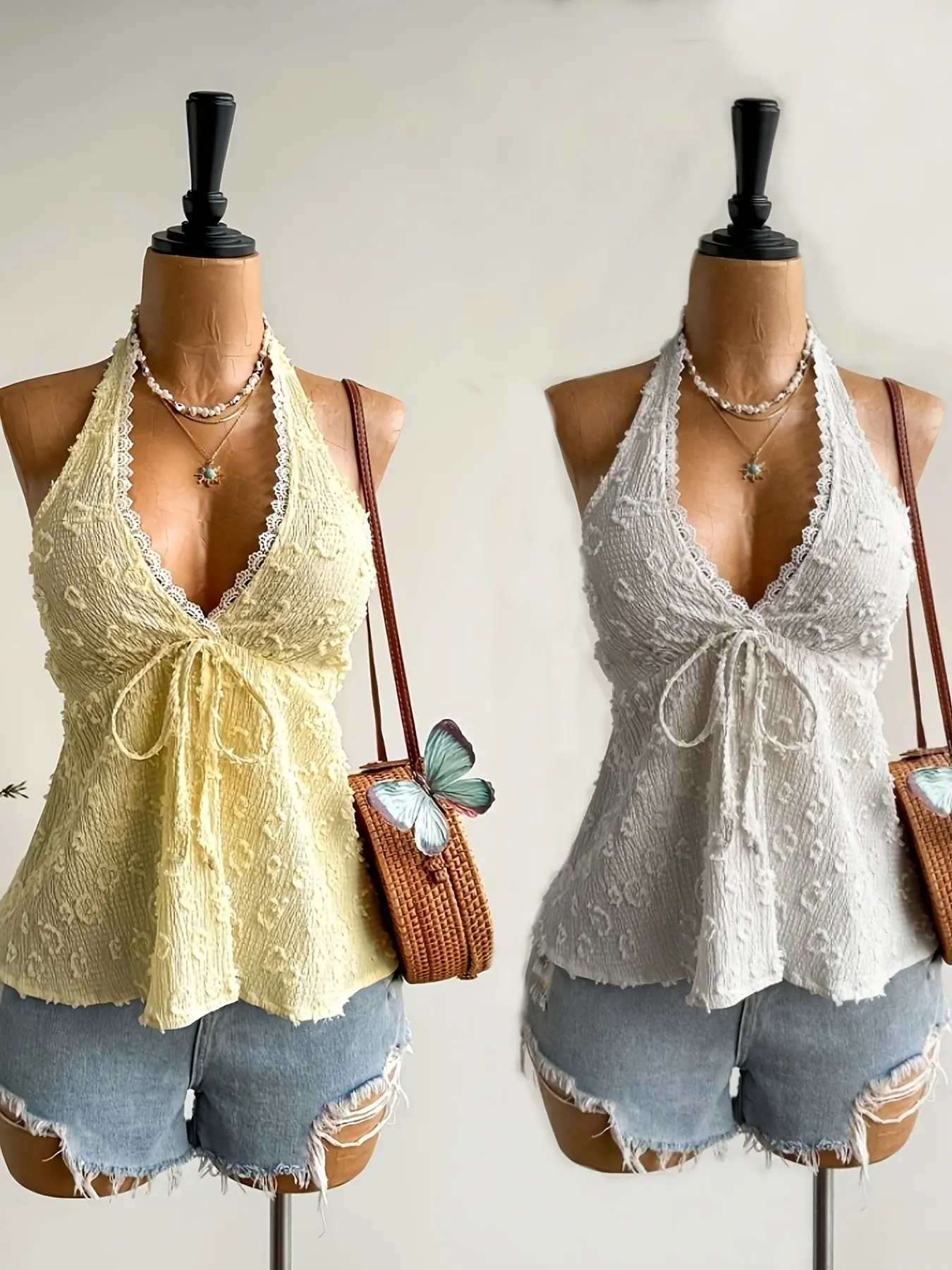 Women's Summer Top Set 2 Piece, V Neck Thin Strap Backless Sleeveless Casual Vacation Boho Easter Beachwear Hawaii Coachella Music Festival Tropical Holiday