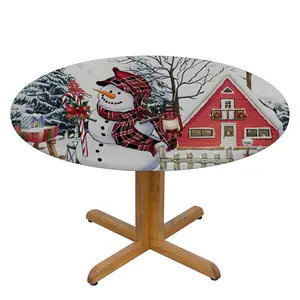 Round Fitted Tablecloth with Elastic Edge, Snowman Round Table Cover Circle Table Cloth Winter Village Wipe Clean Table Cover 40"-44" for Dining Kitchen Picnic Christmas Decorations Gifts