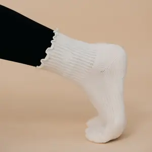 Oat Milk Colored Pilates Grip Sock for Women Soft Ruffle Cuffs Tonal Gooseberry Embroidery Fits US Women's 6-10 Creamy White