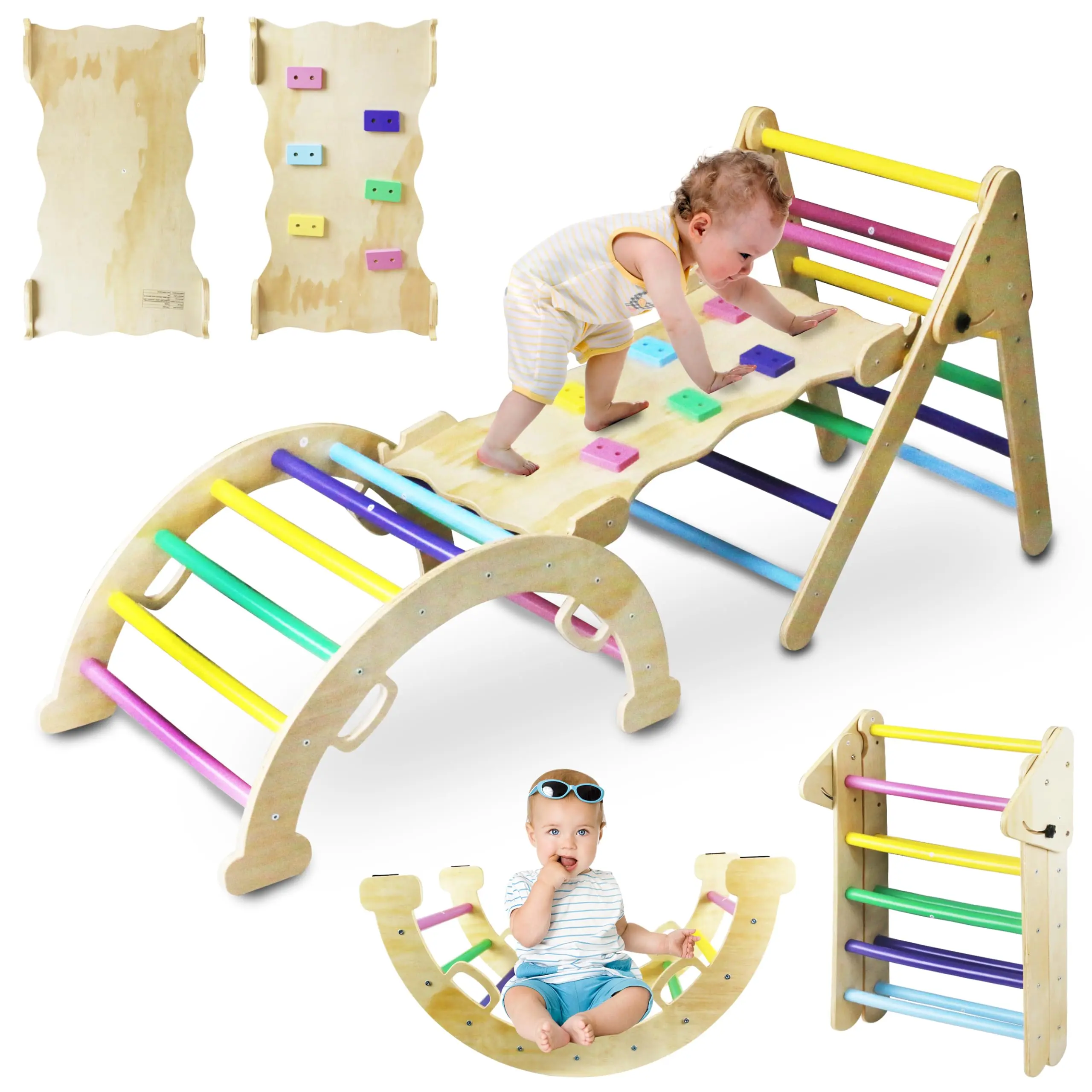 5-in-1 Non-Inflatable Wooden Multifunction Climbing Gym for Toddlers, Foldable Play Structure with Arch, Ramp, Ladder, Indoor/Backyard Play Equipment