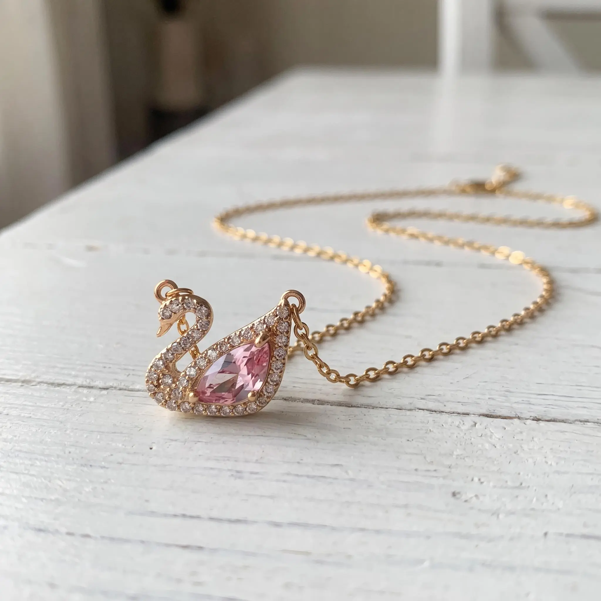 SANEFI Gold Swan Pendant Necklace – Sparkling Pink Crystal Gift