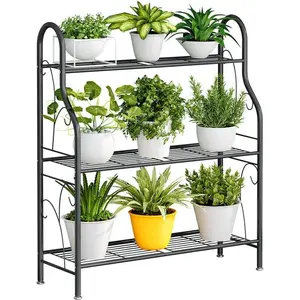 Stand Indoor Outdoor  Shelf 3 Tier Metal Corner Flower Stand Multiple Holder for Patio Garden Balcony Living Room, Dark Grey