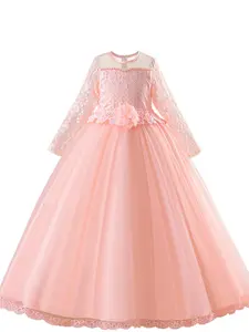 Girl's Contrast Mesh Flowers Decor Zipper Back Fit & Flare Dress, Elegant Long Sleeve Round Neck Tulle Overlay Dress for Party Performance Wedding Guest, Birthday Dresses, Kids Clothes for All Seasons