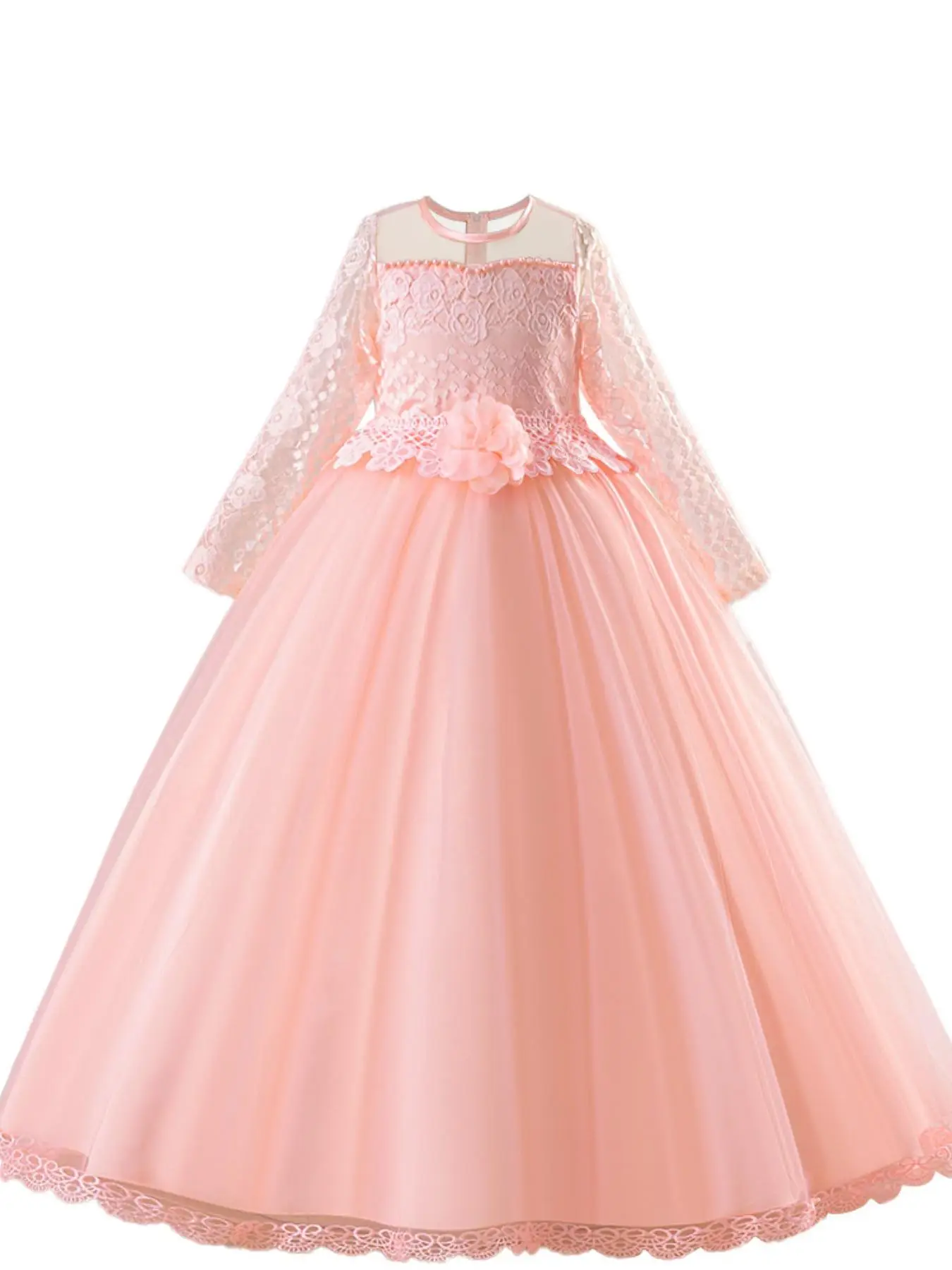 Girl's Contrast Mesh Flowers Decor Zipper Back Fit & Flare Dress, Elegant Long Sleeve Round Neck Tulle Dress for Party Performance Wedding Guest, Kids