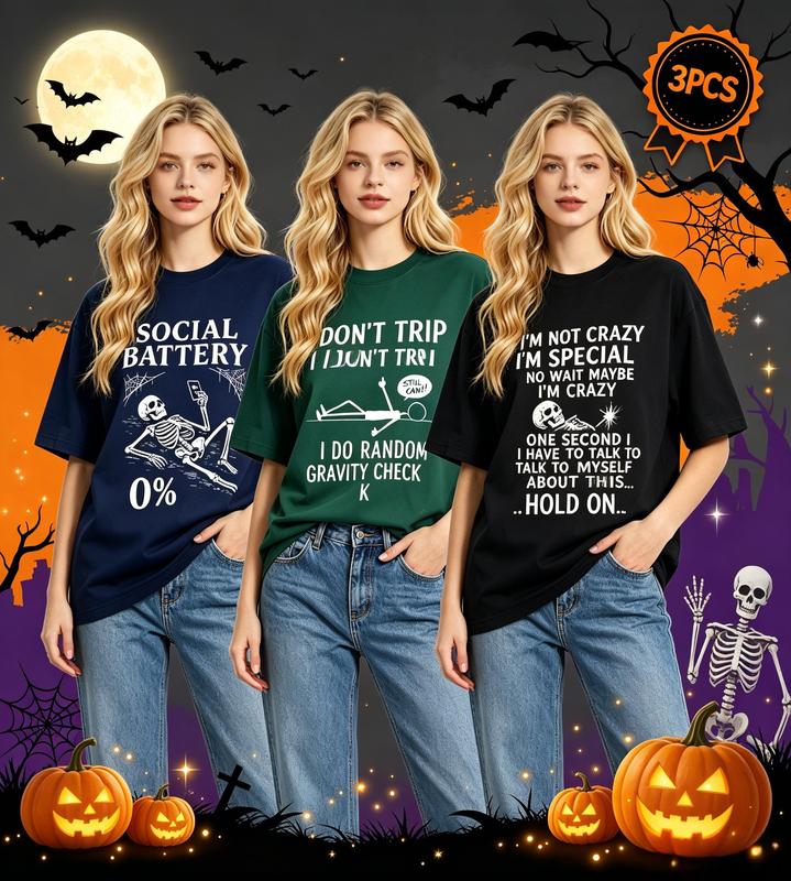 Women's 3pcs Halloween T-Shirts, Casual Oversized Short Sleeve Crew Neck Tops - Sarcastic Skeleton Social Battery Quote Graphic, Comfortable Fit & Stylish Bundle Set