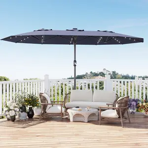 15 ft Rectangular Patio Umbrella with Solar Lights & Base Included - Large Patio Umbrella with Crank Handle 36 LED Lights, UV Protection for Outdoor Market,Deck, Poolside