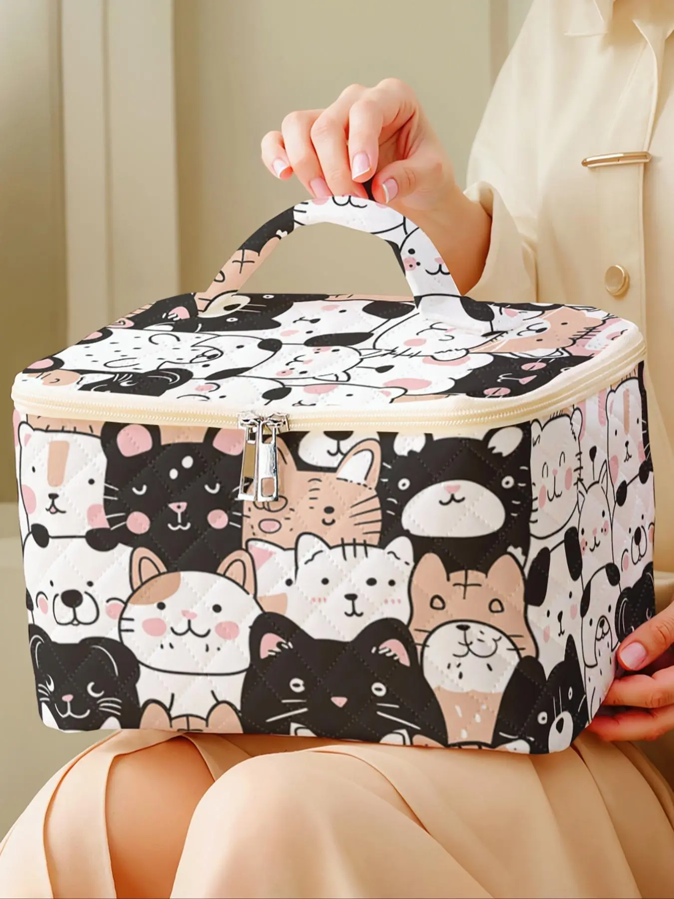 Cute Cat Pattern Makeup Bag, Cosmetic Bag, Large Capacity Travel Toiletry Bag, Portable Zipper Makeup Organizer Pouch, Versatile Storage Bag for Travel, Office, Home