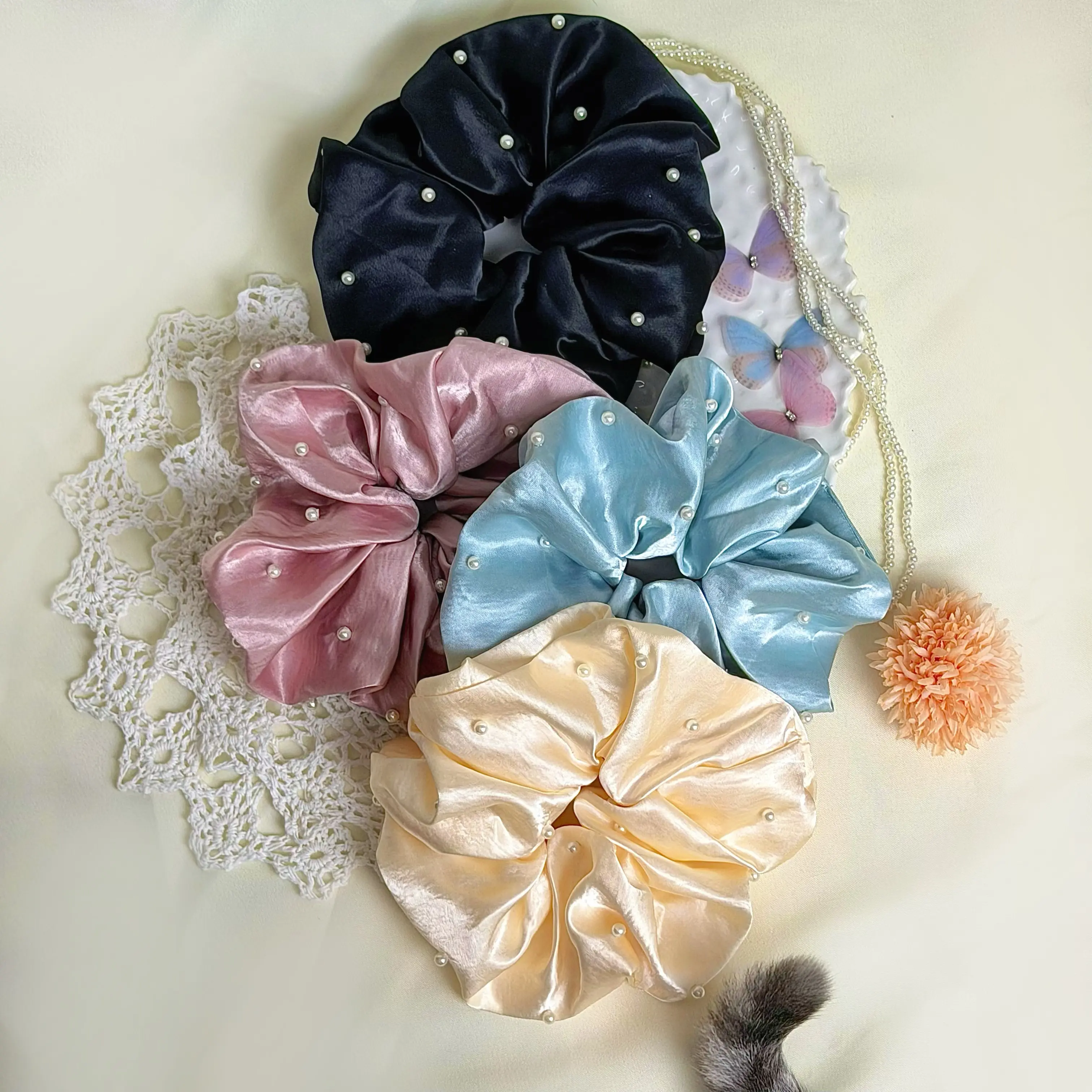 Balletcore  Satin Hair Scrunchie with Pearl-Inspired Details | Oversized Elegant Hair Tie for Thick Hair