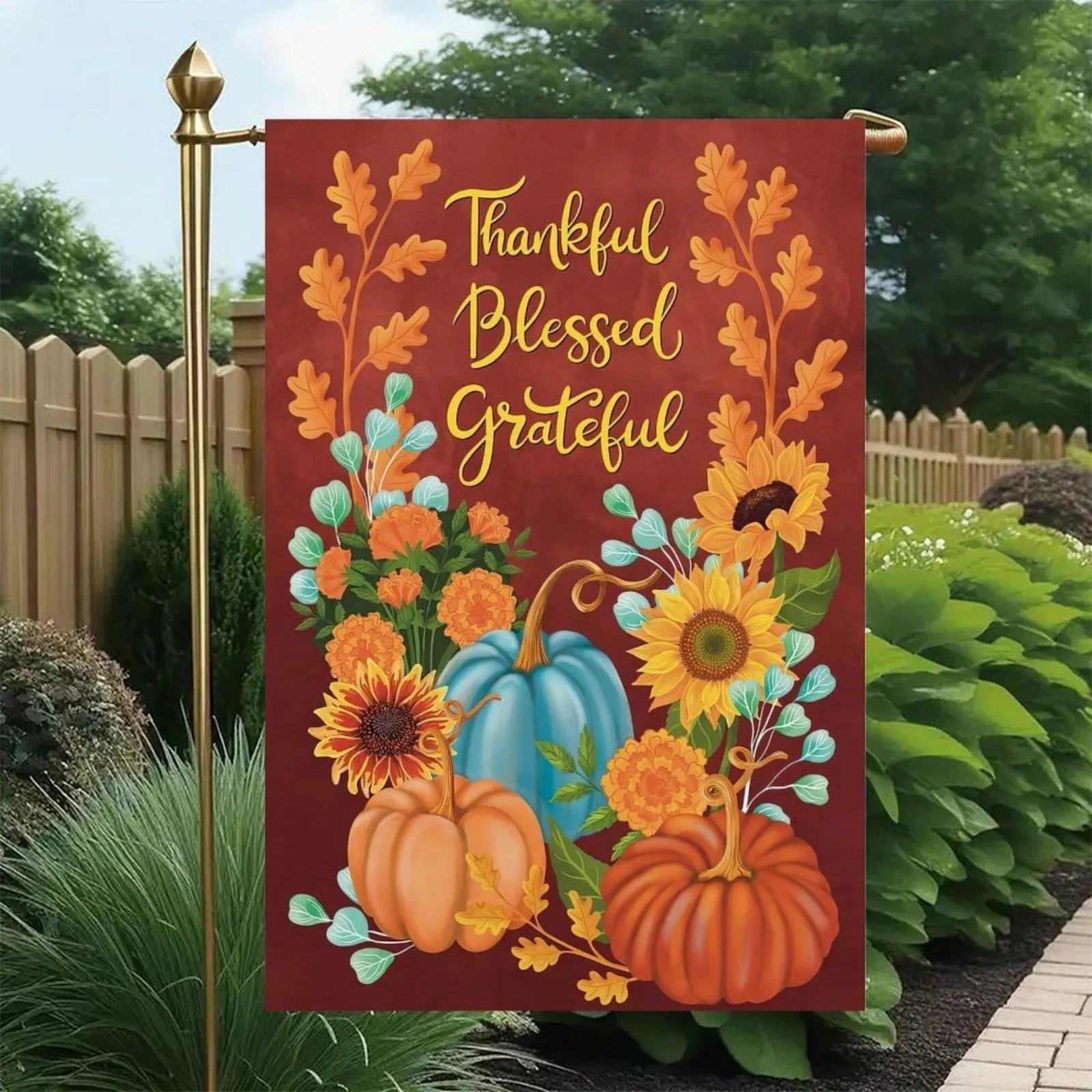 Thankful Blessed Grateful Teal Orange Pumpkin Marigold Sunflower Double Sided Garden Flag 12x18in, Fall Thanksgiving Floral Outdoor Yard Decor
