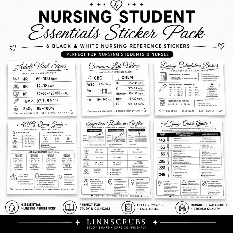 Clean-Cut 6pc Nursing Reference Sticker Pack - Vital Signs, Lab Values, Dosage, ABG, Injection, IV Gauge Stickers for Scrapbooking & DIY Projects