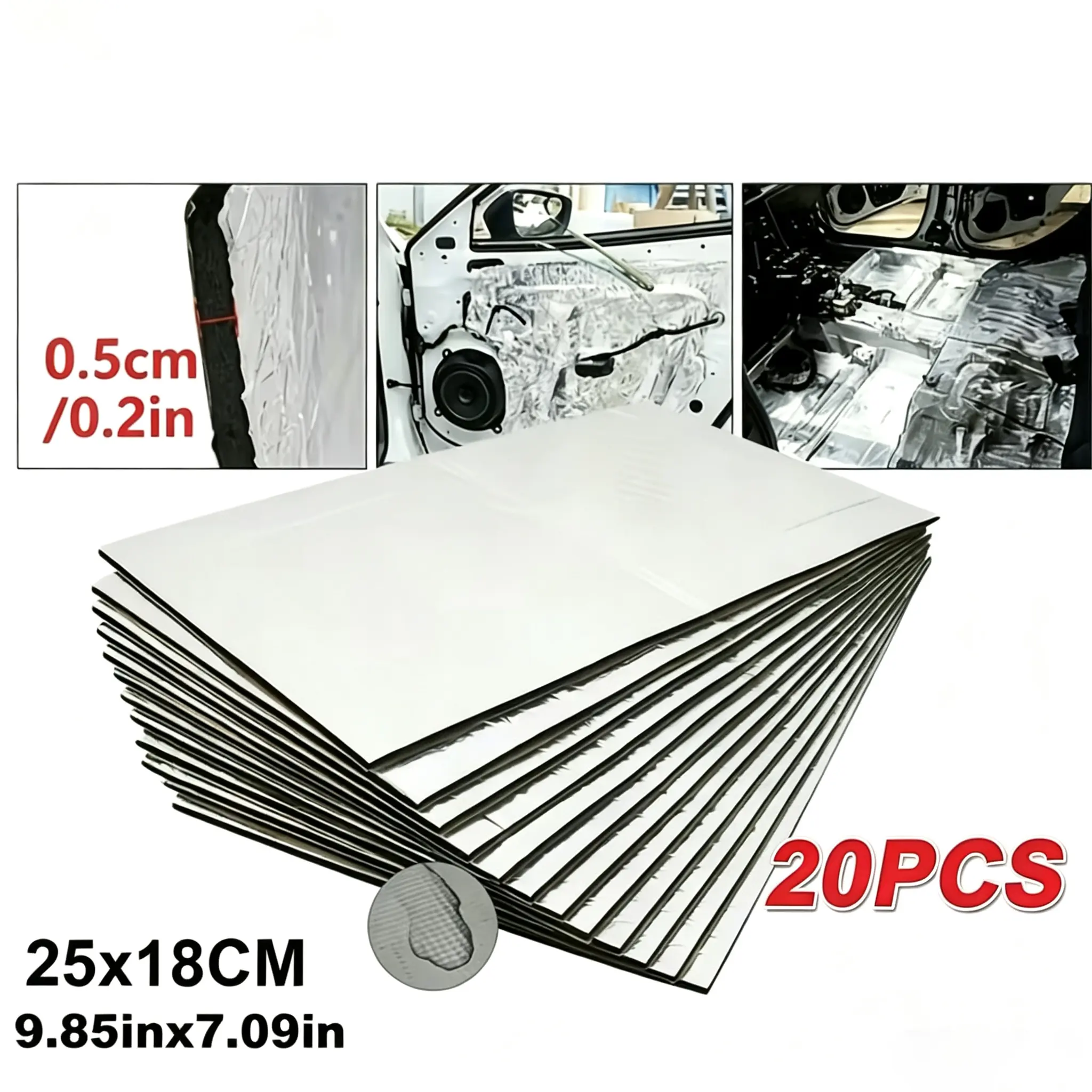 20pcs 5mm Thick Fireproof Aluminum Coating Foam Sound Deadening Mats 9.85"x7.09", Noise Reduction Vibration Absorption Thermal Insulation for Cars Motorhomes Commercial Vehicles