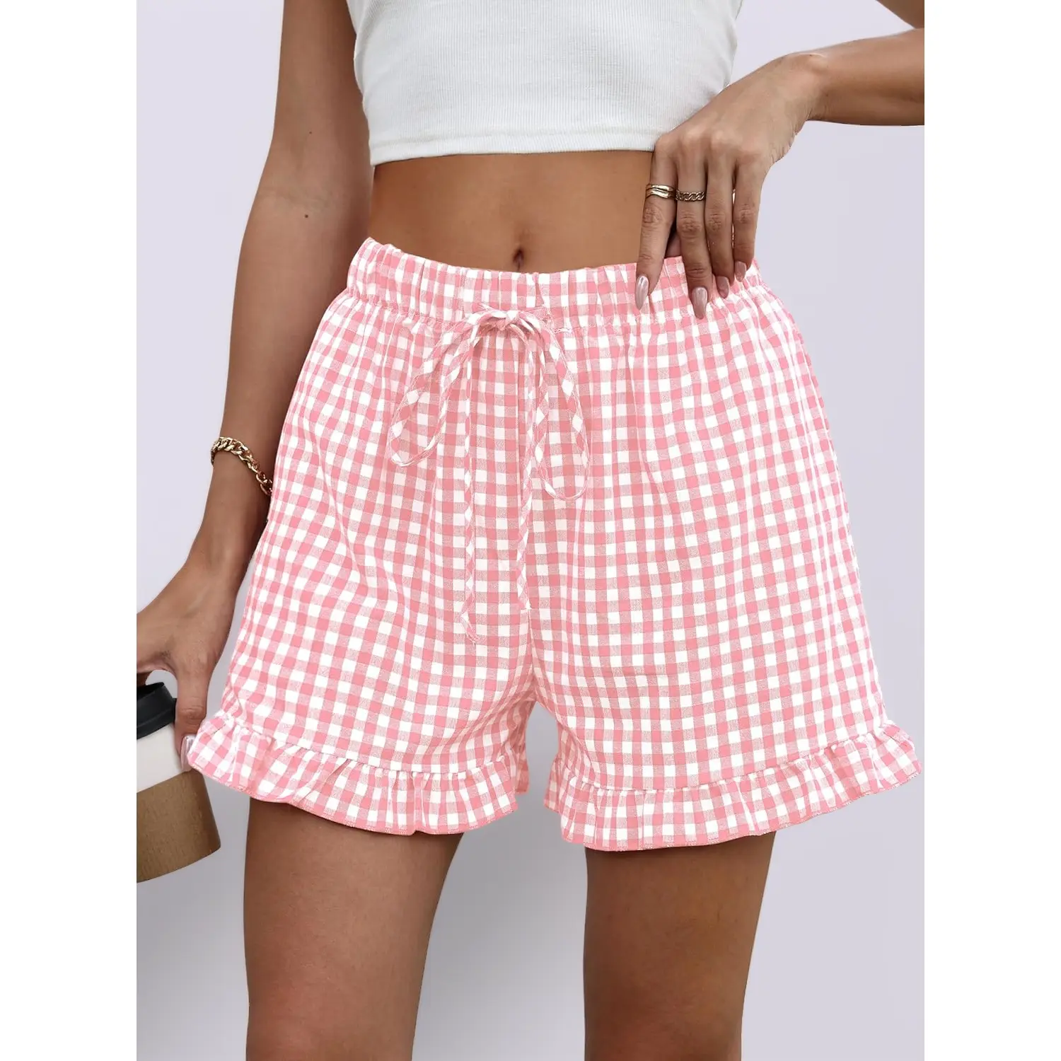 Ruffle Trim Cotton Boxer Shorts - Cute Gingham Plaid Lounge Pants for Women, Y2K Aesthetic Sleep & Beach Bottoms with Side Pockets