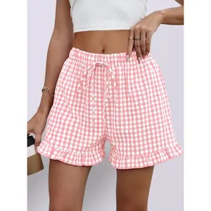 Ruffle Trim Cotton Boxer Shorts - Cute Gingham Plaid Lounge Pants for Women, Y2K Aesthetic Sleep & Beach Bottoms with Side Pockets