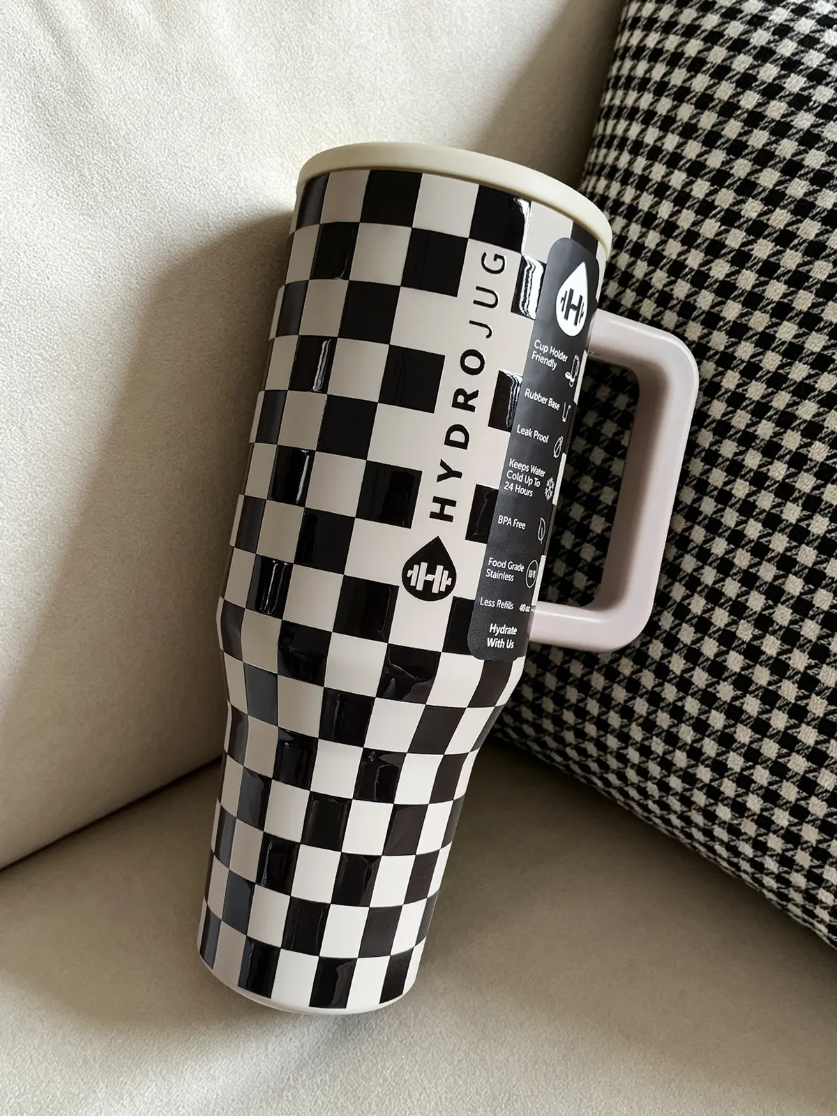 Hydrojug Traveler 40oz Black & White Checkered Stainless Steel Tumbler - Portable Vacuum Flask with Flip-Straw Lid, Leakproof, Large Capacity, Ideal for Students, Sports, Gifting
