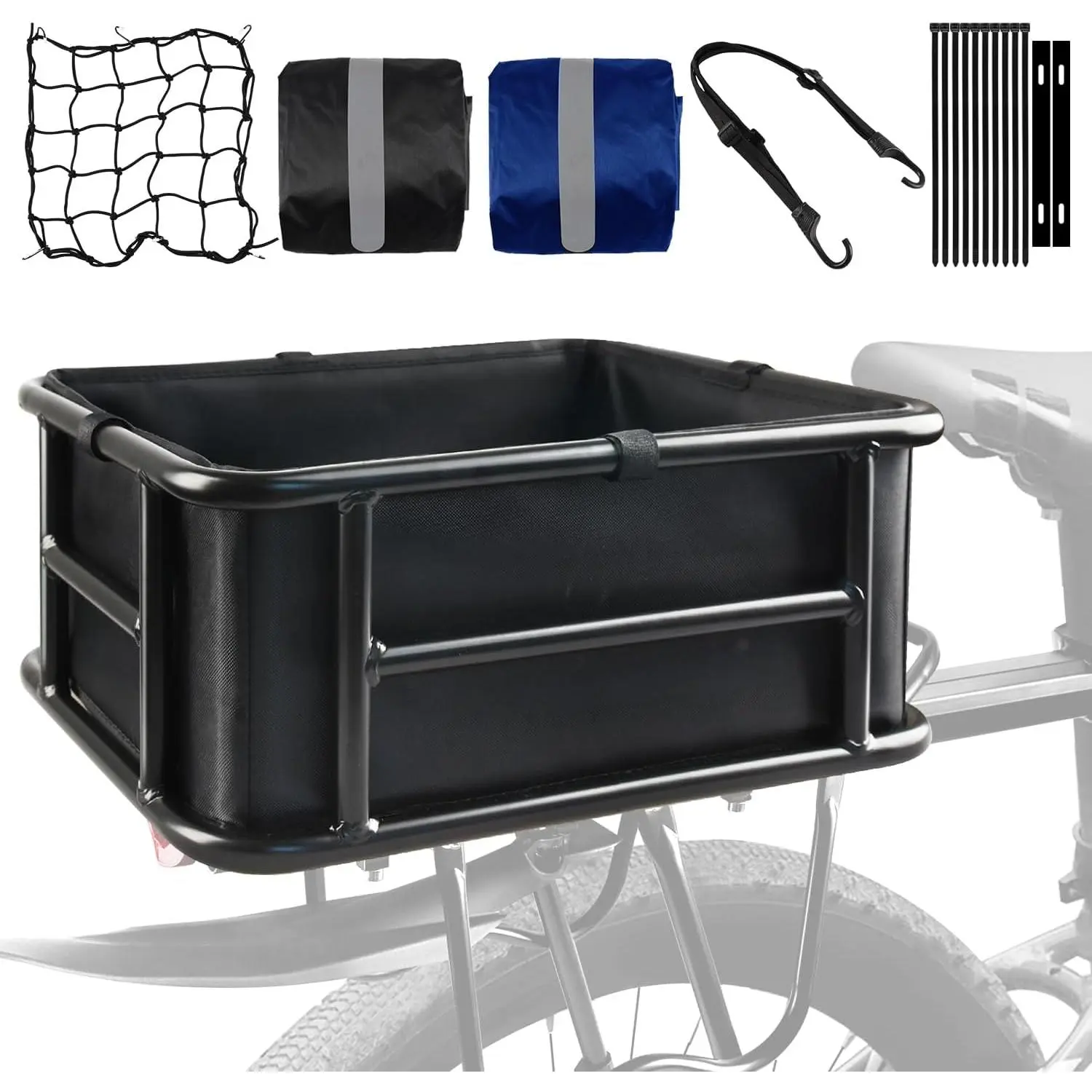 Rear Rack  Basket, Large Rear  Basket with Liners & Cargo Net & 2 Rain Covers, Heavy Duty Metal Bicycle Basket for Bicycle, Ebike, Electric