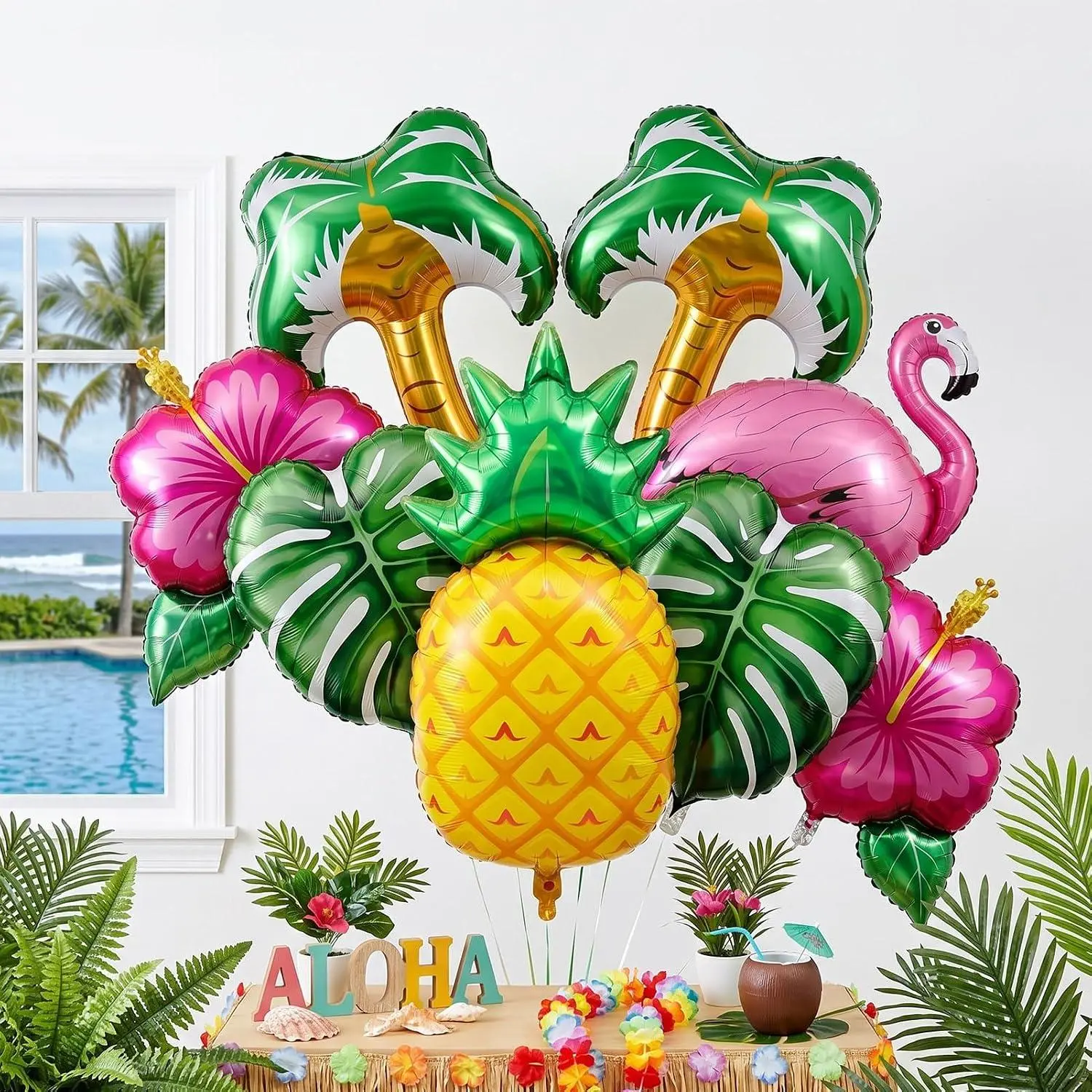 Tropical Party Decorations Foil Balloons Set, 8 Pcs Hawaiian Decor Supplies With Flamingo Pineapple Palm Tree Monstera Leaves, Summer Luau Aloha Safari Birthday Baby Shower Party Favors Props