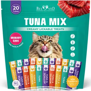 Beloved Pets Creamy Lickable Cat Treats & Wet Squeeze Tubes – Chicken & Tuna Mix, Liquid Cat Snacks, Dual Support Urinary & Skin Care, Multivitamin Treats for Cats & Small Dogs (20 Sticks, Tuna Mix)