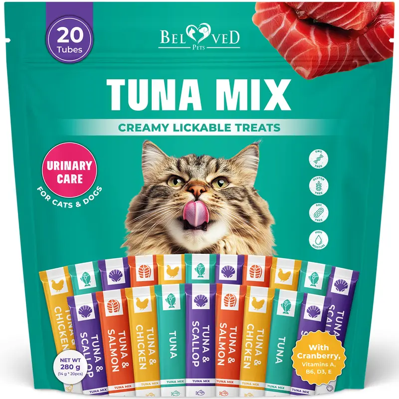 Beloved Pets Creamy Lickable Cat Treats & Wet Squeeze Tubes – Chicken & Tuna Mix, Liquid Cat Snacks, Dual Support Urinary & Skin Care, Multivitamin Treats for Cats & Small Dogs (20 Sticks, Tuna Mix)