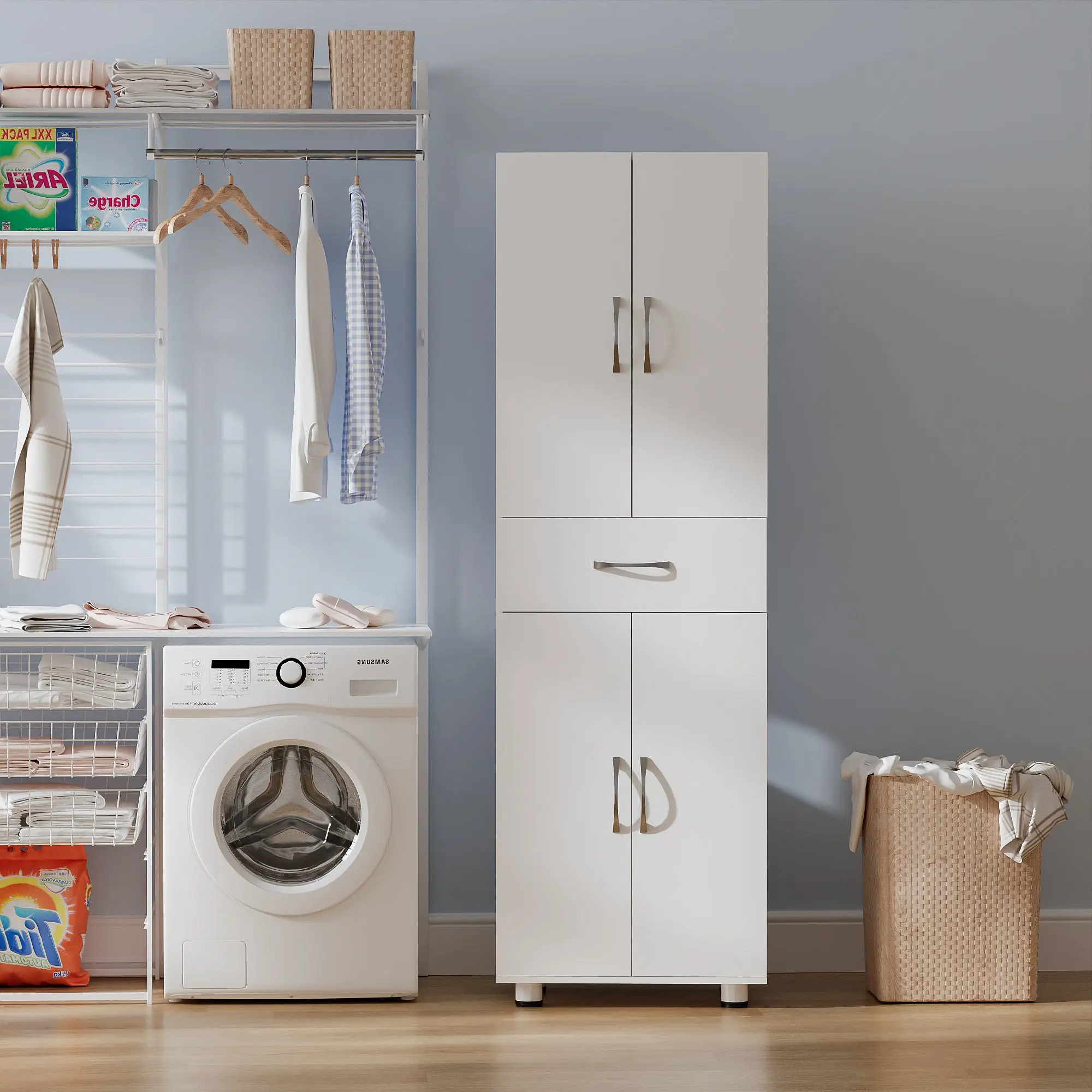 75" Home Storage Cabinet with Drawer and Adjustable Shelves, Freestanding Unit for Pantry, Laundry, Office – Garage Option