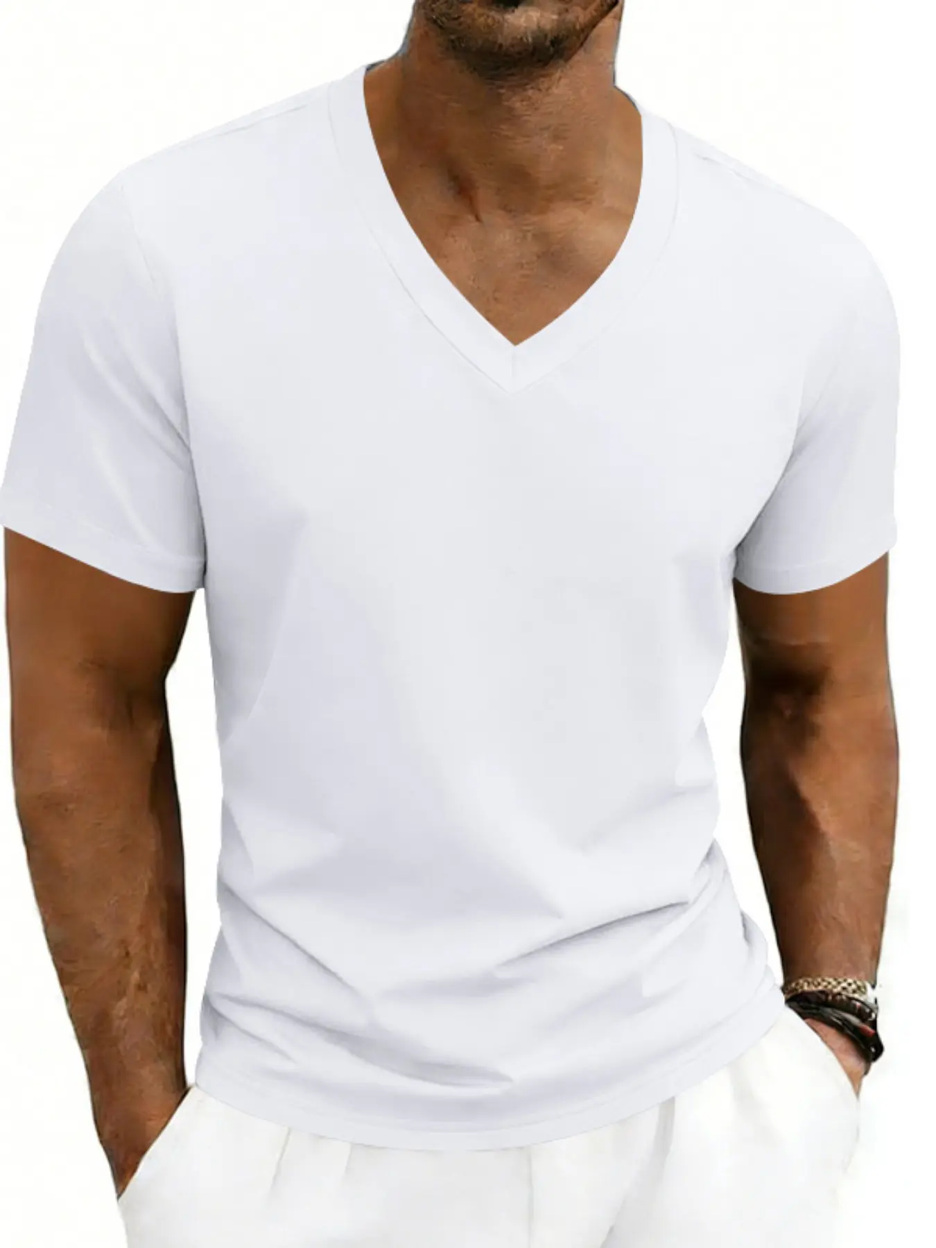 Men's V-Neck Plain Large Size Loose-Fit Short Sleeve T-Shirt, Classic Casual Cross-Border Clothing, European and American Export Men's Fashion