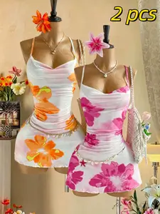 Summer Beach Party Fashion Casual Ruffle Hem Dress Two-Piece Set, Ruffled, Random Print Design, Suitable for Daily Wear, Women's Clothing