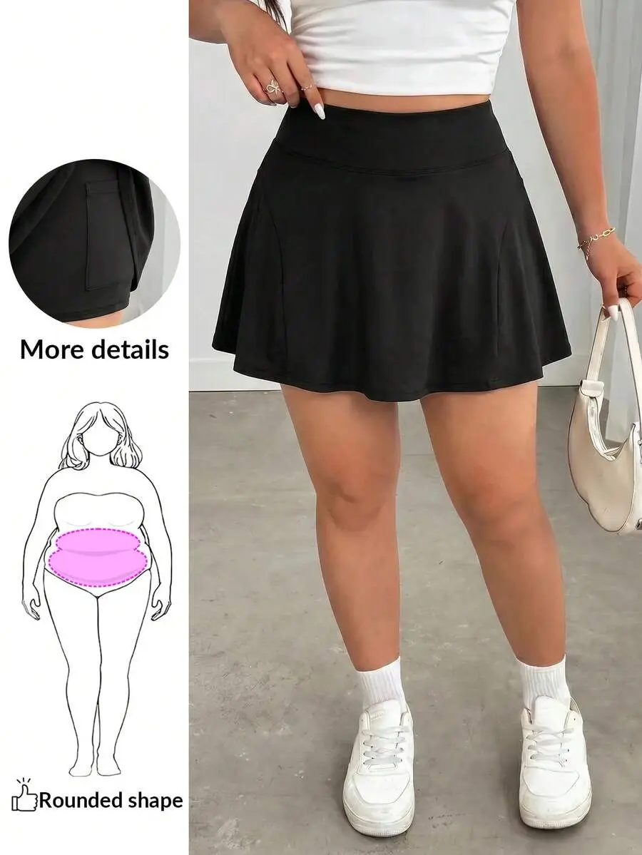 Plus Size High-Waisted Stretchy Two-In-One Shark Skirt With Built-In Large Pocket - Compatible With Apple Gym Tennis Black Autumn Gym Sport