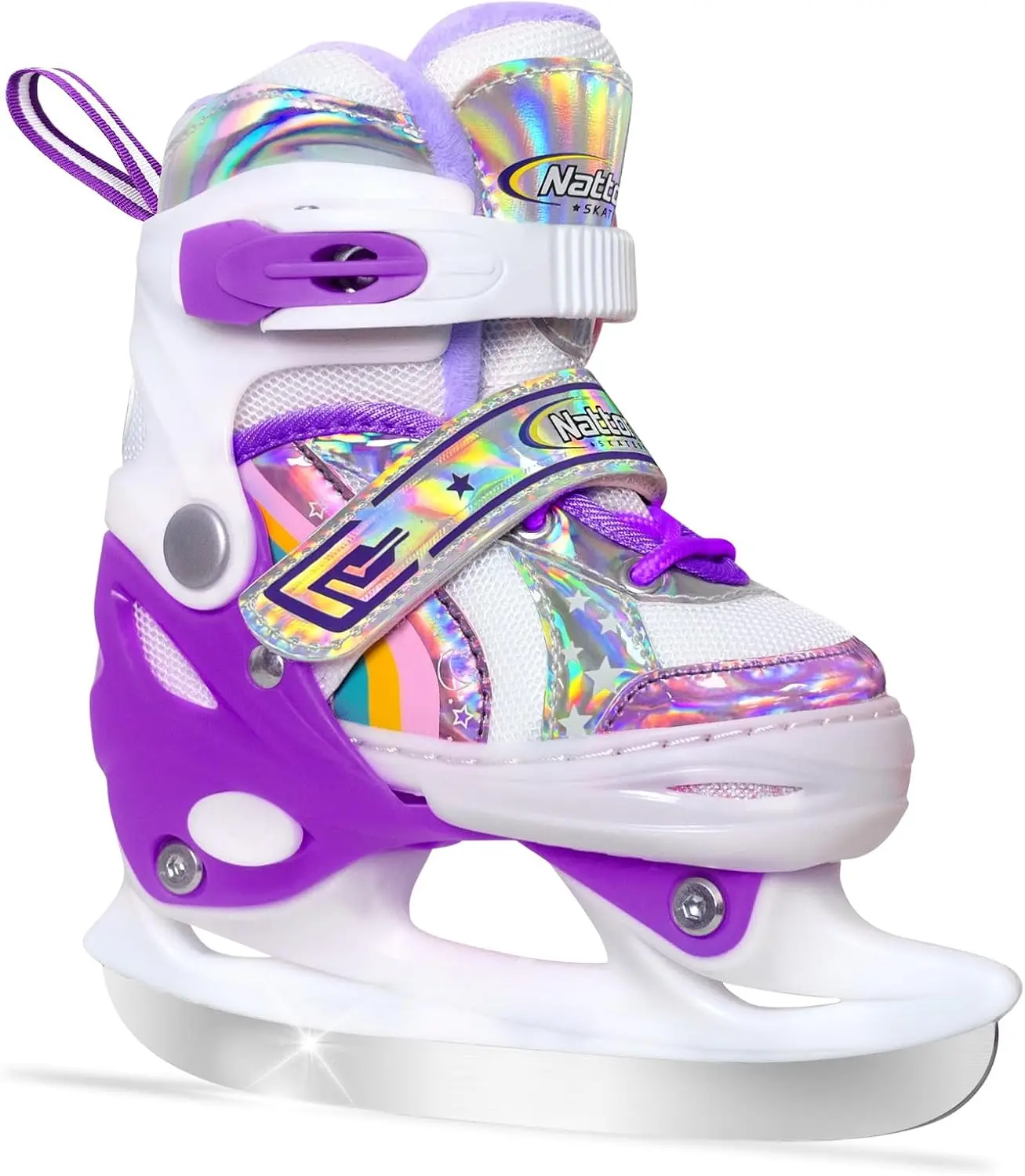 Nattork Girls' Adjustable Ice Skates with Butterfly Pattern & Laser Finish, Warm Fleece Lining, Stainless Steel Blades & Triple Protection for Rink Skating, US Sizes 1-4, Ice Skating, Rainbow, Triple Safety, Butterfly Vibe, Medium (1-4), Butterfly Vibes