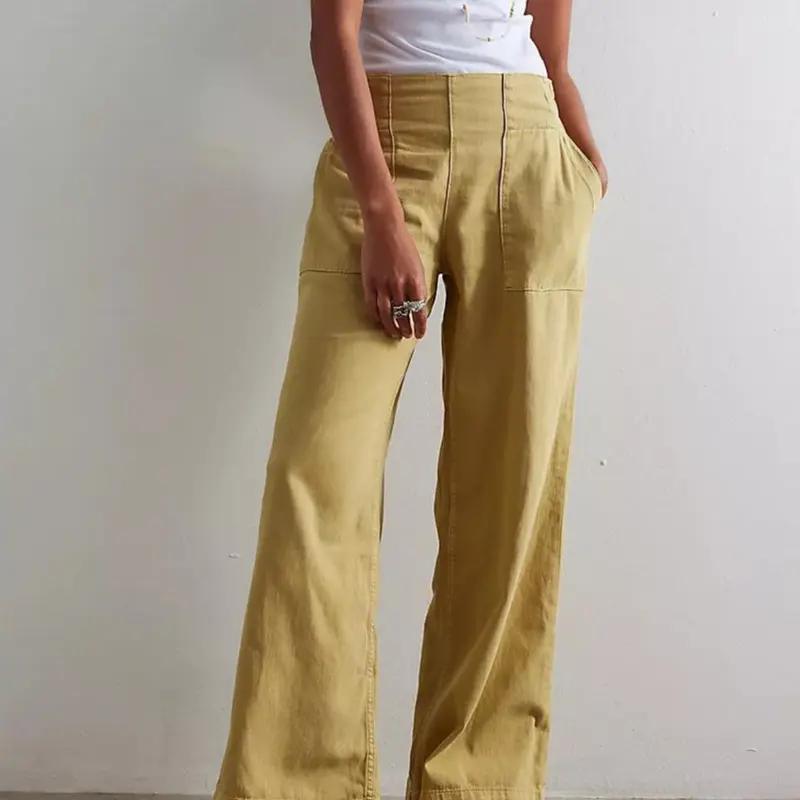 Womens Denim Pull-On Jeans Pockets High Waisted Baggy Straight Leg Stretchy Full Length Trousers