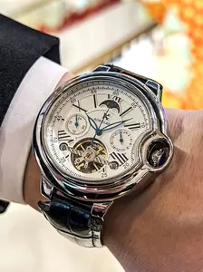 Men's Luxury Business Mechanical Watch, Mechanical Style Watches, Round Dial, Hollow Design, Automatic Wind-Up, Leather Strap, Multifunctional Display, Fashion Accessory