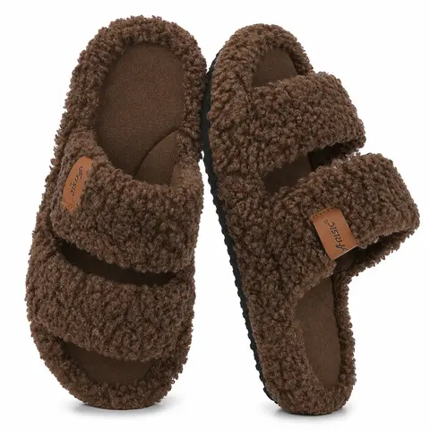 Women's Fuzzy Open-Toe Slippers - Plush Faux Fur Memory Foam Slides, Anti-Slip Outsoles Home Wear, Soft Luxury Keep Warm Slip-On House Shoes for Home Use, Slippers For Women