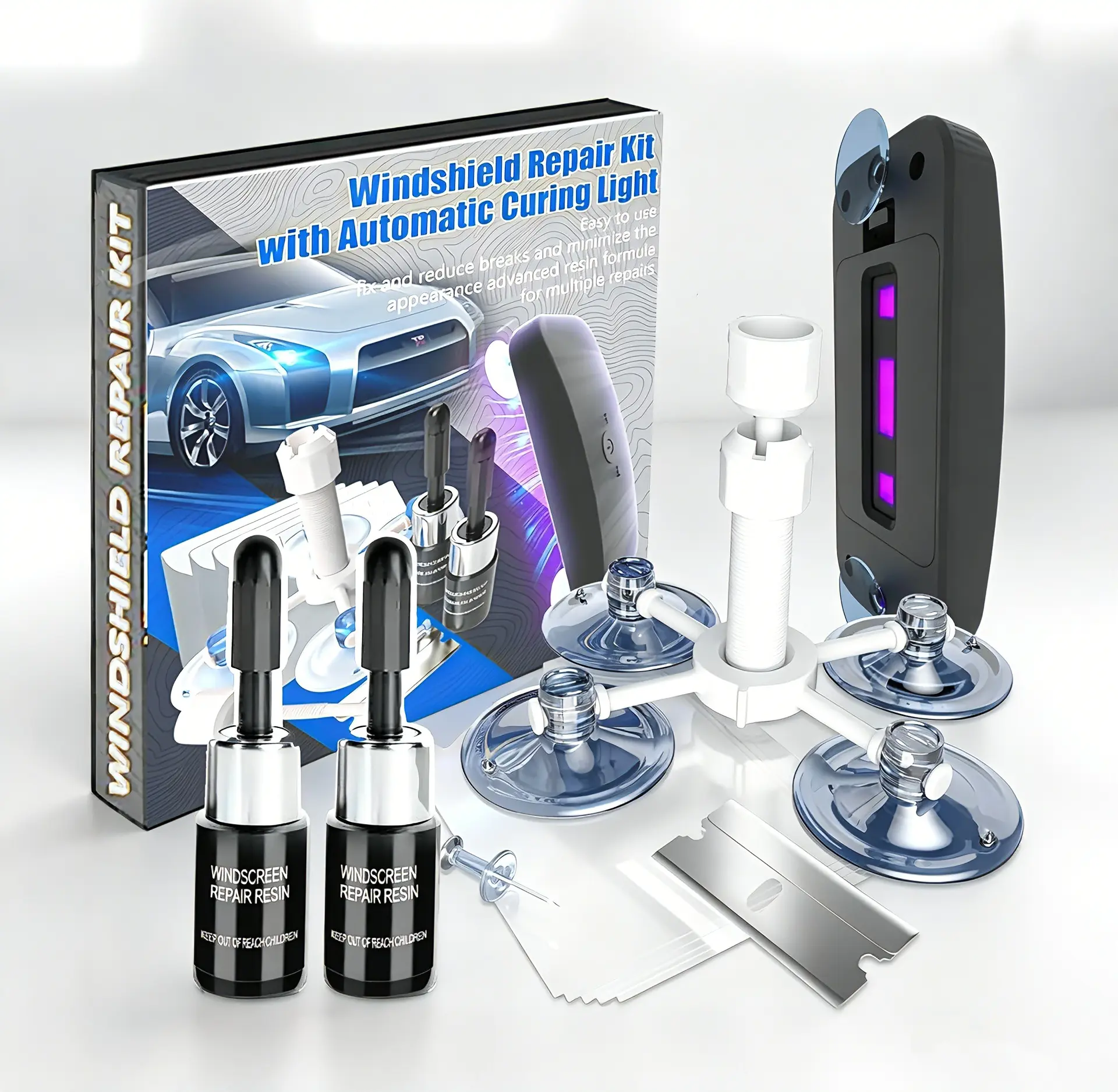 Windshield Repair Kit With UV Light, Windshield Crack Repair Kit, 2-Piece Car Glass Repair Kit for Chips and Cracks, Windshield Chip Repair Kit, Automotive Fluid