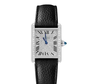 Cartier Tank Solo SM W5200003 Quartz Stainless Steel Aftermarket Diamond Paved Case and Dial Black Roman Numerals Black Leather Strap Ladies Watch WHT032032