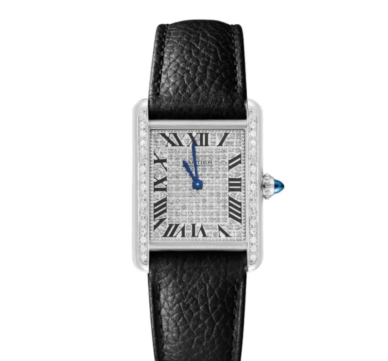 Cartier Tank Solo SM W5200003 Quartz Stainless Steel Aftermarket Diamond Paved Case and Dial Black Roman Numerals Black Leather Strap Ladies Watch WHT032032