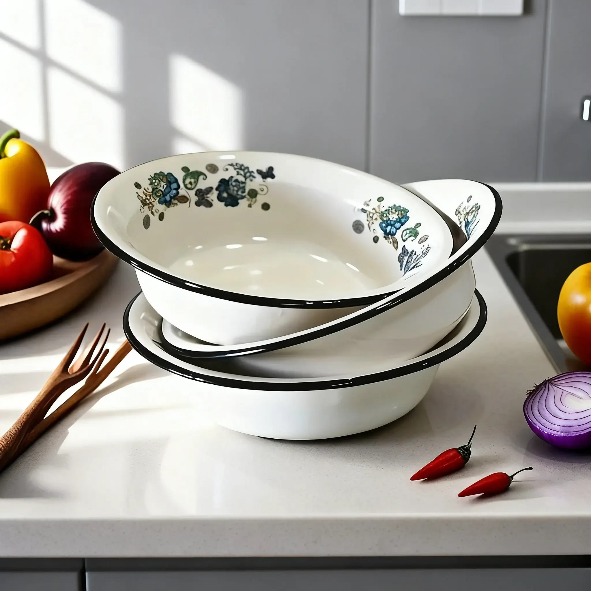 Vintage Enamel Bowl - 500-1000 mL Thick, Scratch-Resistant, Eco-Friendly, Sturdy Casual Stylish Dinnerware, Non-Toxic BPA-Free Nonstick Food Storage Bowl for Noodle Serving, Fruit Washing