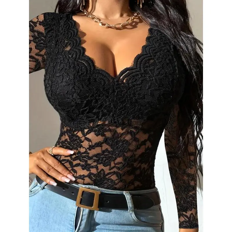 Women's Feminine Woven Lace Blouse - Black, Netting Fabric, Flattering Fit, Convertible Short-Long Sleeve Design, Sexy, Top, Lady, Garment