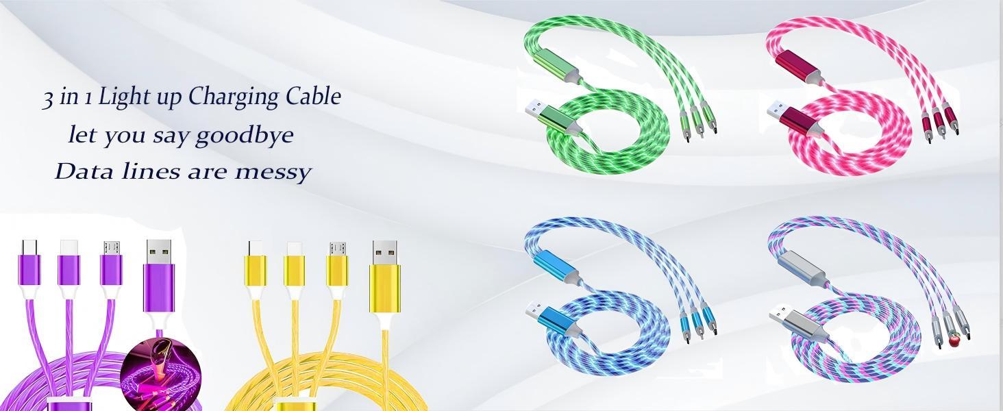 Multi Ports Light-Up USB 3-In-1 Charging Cable, Glowing LED Light Charging Cable, Durable Data Cable, Multifunctional Charging Cable, Super Fast Charger, Phone Accessories for iPhone Android Type C Mobile Phone  As Night Light Use