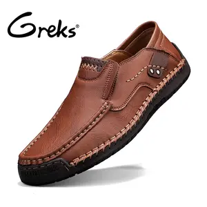 GREKS Men's Hand-Stitched Comfort Loafers | Slip On & Anti-Slip | Soft Leather British Style Casual Shoes