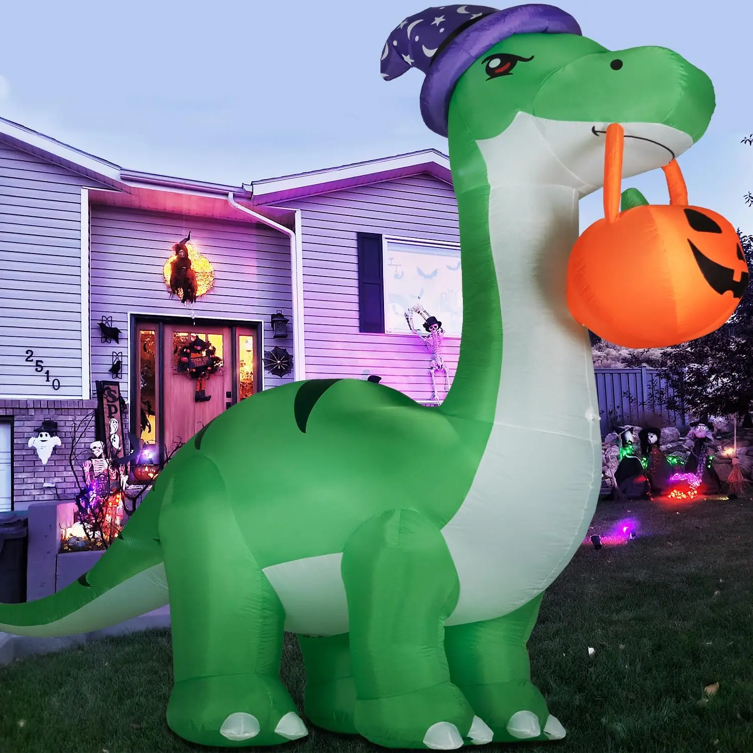 10FT Halloween Inflatable Huge Dinosaur Decorations Outdoor – 2026 Halloween Blow Up Yard Decorations Built-in LED Lights, Party Decorations with Witch Hat and Pumpkin, for Garden/Lawn
