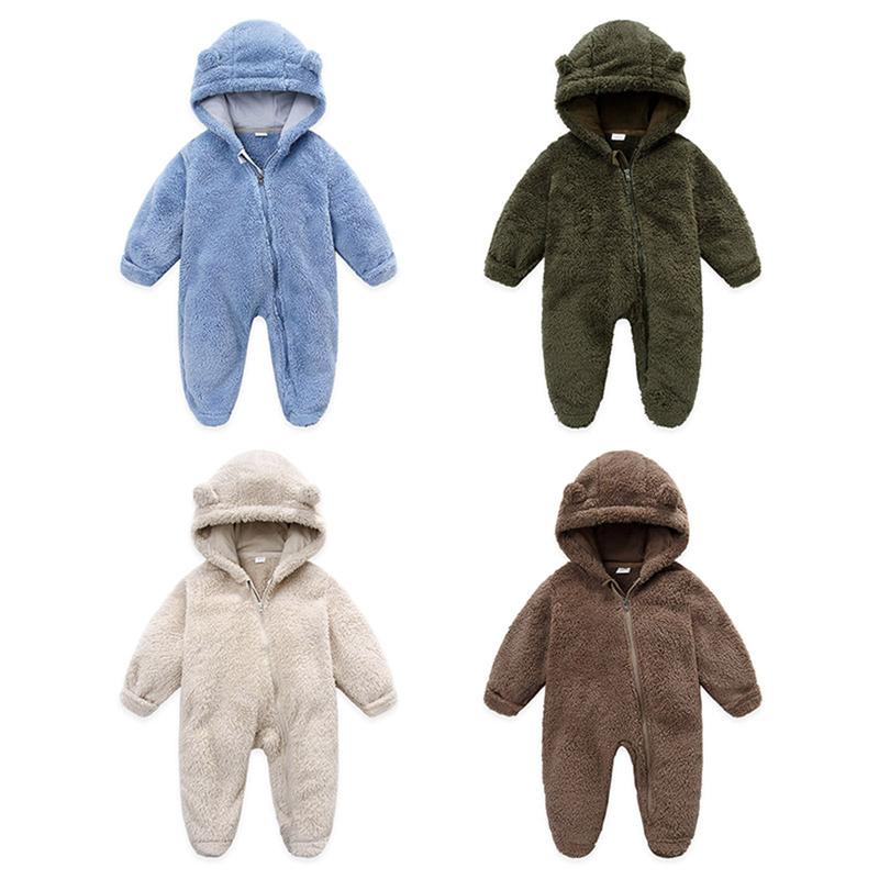Newborn Baby Boys Girls Bear Ear Fleece Jumpsuits Outfit Long Sleeve Hooded Romper Winter Warm Snowsuit Clothes