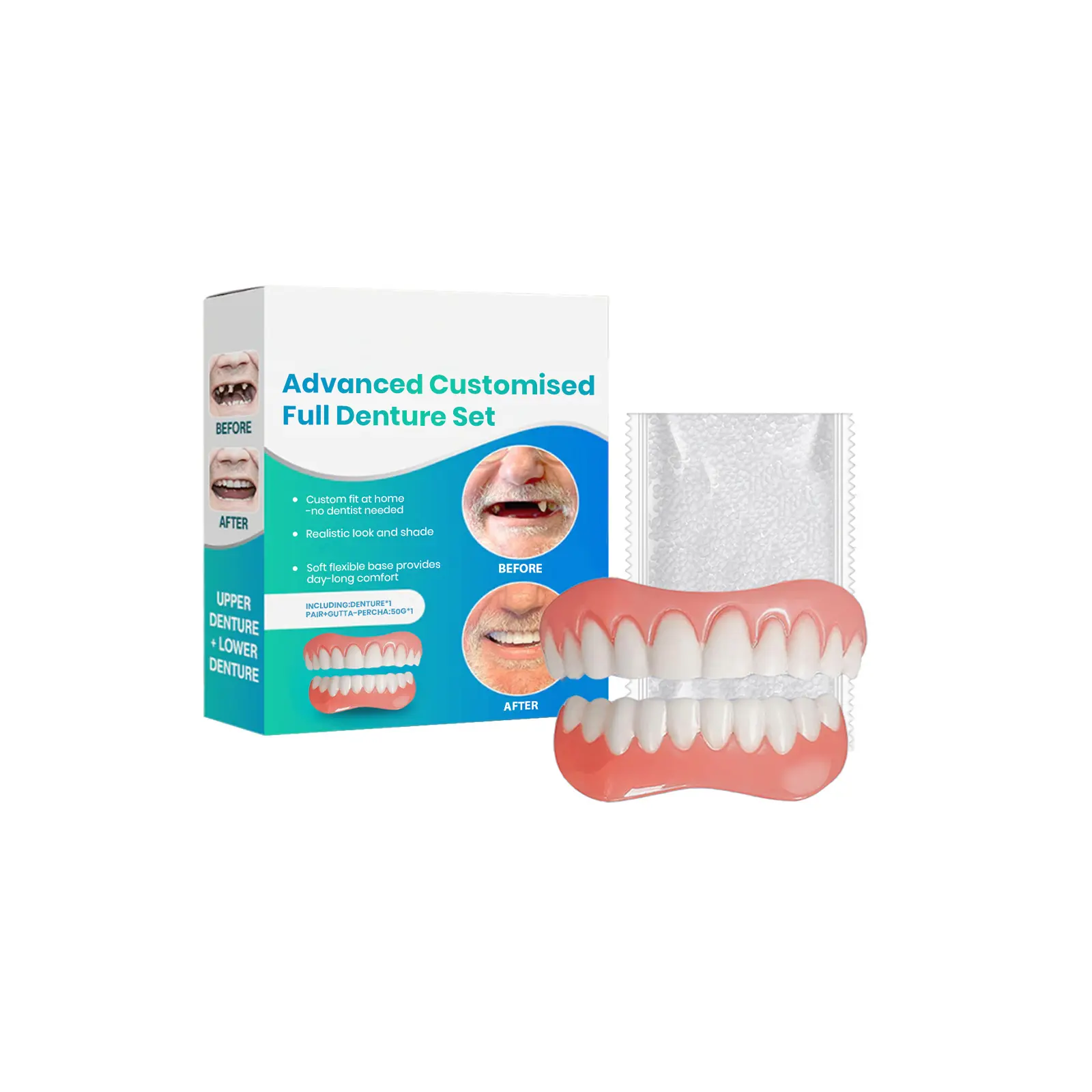 DIY Dentures Kit, Silicone Reline Denture Set, Adjustable Snap-in Dentures, Upper and Lower Denture Kit, Comfortable and Waterproof Fake for Instant Smile Restoration