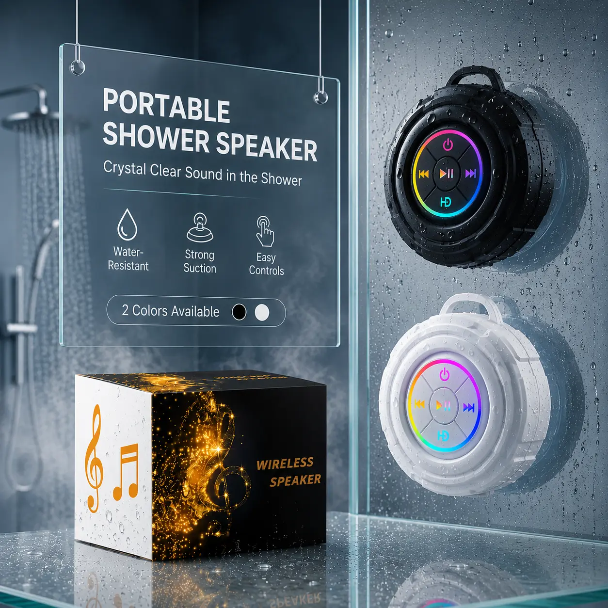 Portable Shower Speaker with Suction Cup, IPX4 Water Resistant Bathroom Speaker, Black or White Options, Mini Speaker for Shower, Pool & Travel, Christmas Birthday Gift
