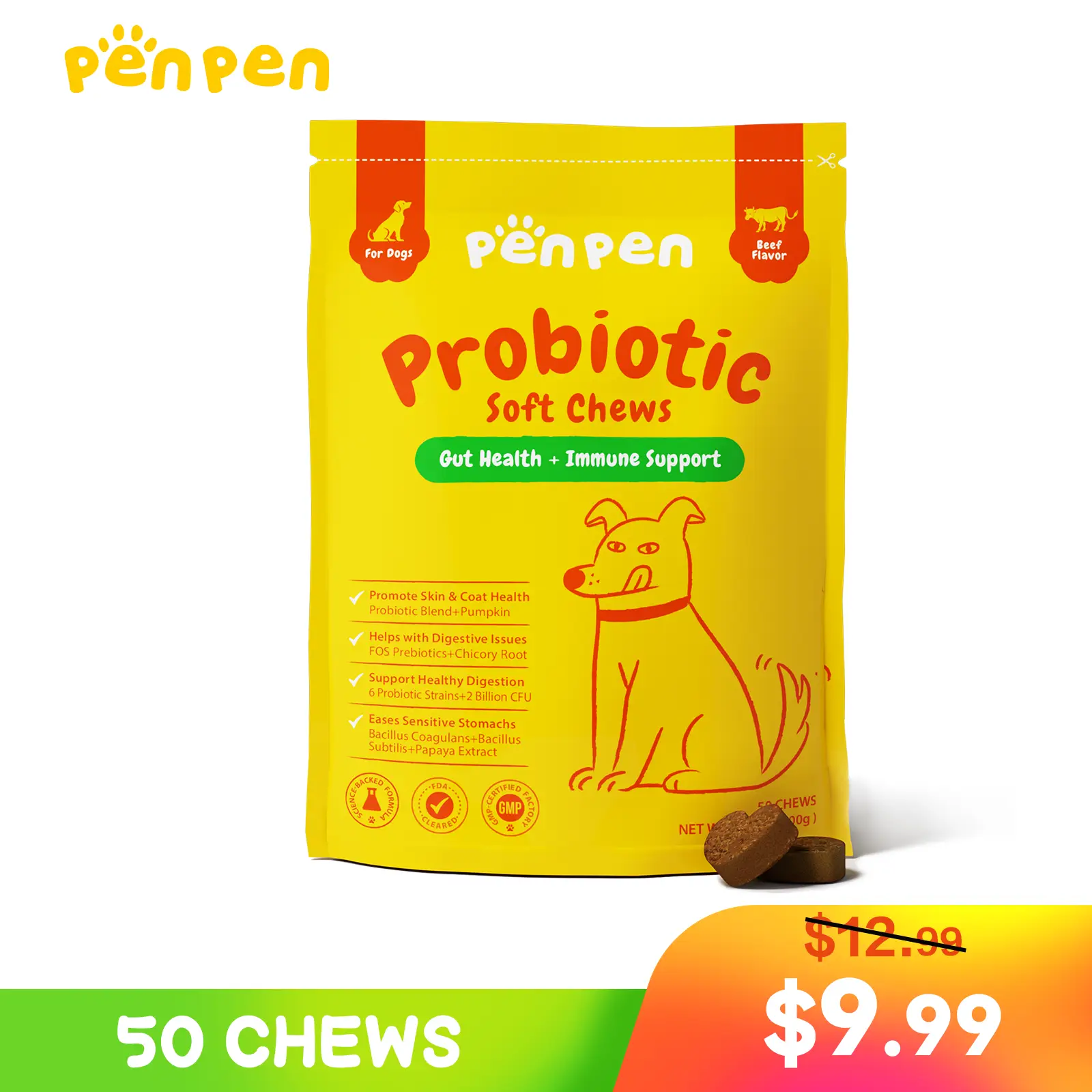 PENPEN Probiotics for Dogs - Multi-Probiotic & Enzyme Blend for Digestive Health, Eases Sensitive Stomachs (Beef Chews)