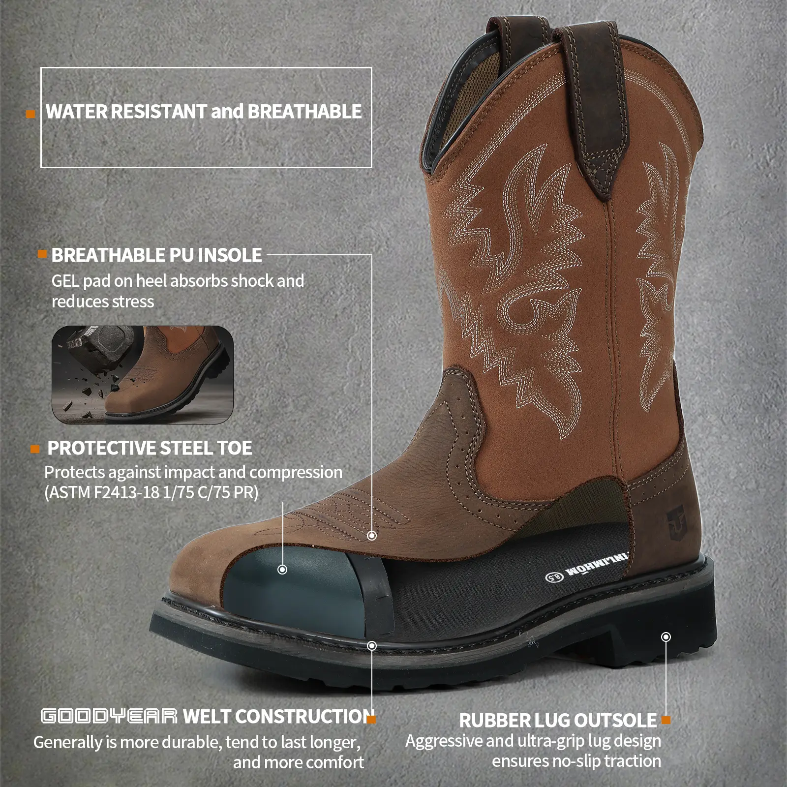 Western Boot Oil&Slip Heat Resistant Lightweight Square Steel Toe Western Cowboy Boots Full Grain Leather Waterproof Oil & Slip Resistant Shock Absorption Safety Shoes for Farming Riding Ranch & Construction Worker sneake season men