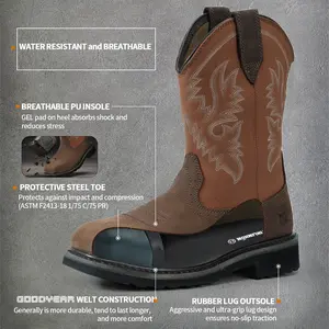 Western Boot Oil&Slip Heat Resistant Lightweight Square Steel Toe Western Cowboy Boots Full Grain Leather Waterproof Oil & Slip Resistant Shock Absorption Safety Shoes for Farming Riding Ranch & Construction Worker sneake season men