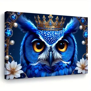 2d Plane 1 Piece Royal Blue Crown Owl Canvas Wall Painting-Art Decoration Style Wood Frame Painting, 11.8 X15.7 Inches That Is Hanging Living Room Bedroom Kitchen Decoration-Unique Gift for Her Or Him, Elegant Handmade Style, designer Exclusive, 2D Graphi